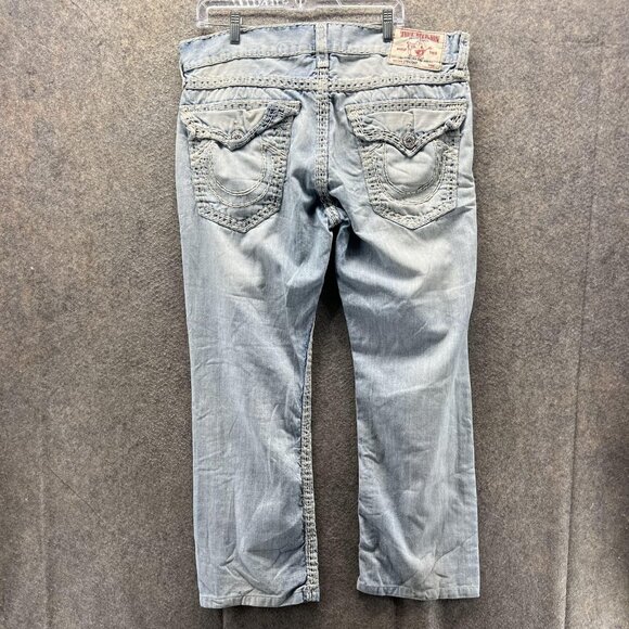 True Religion Jeans Mens 36 Light Wash Section Straight Flap Embroidered - Picture 2 of 12